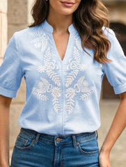 V Neck Embroidered Cotton Short Sleeve Shirt
