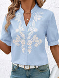 V Neck Embroidered Cotton Short Sleeve Shirt