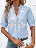 V Neck Embroidered Cotton Short Sleeve Shirt