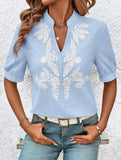 V Neck Embroidered Cotton Short Sleeve Shirt