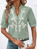 V Neck Embroidered Cotton Short Sleeve Shirt