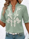 V Neck Embroidered Cotton Short Sleeve Shirt