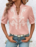 V Neck Embroidered Cotton Short Sleeve Shirt