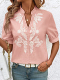 V Neck Embroidered Cotton Short Sleeve Shirt