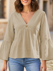 Solid V Neck Ruffle Sleeve Cotton Top