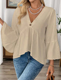Solid V Neck Ruffle Sleeve Cotton Top