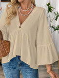 Solid V Neck Ruffle Sleeve Cotton Top