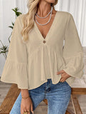 Solid V Neck Ruffle Sleeve Cotton Top