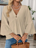 Solid V Neck Ruffle Sleeve Cotton Top