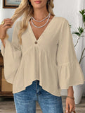 Solid V Neck Ruffle Sleeve Cotton Top