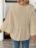 Solid V Neck Ruffle Sleeve Cotton Top
