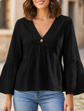 Solid V Neck Ruffle Sleeve Cotton Top