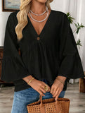 Solid V Neck Ruffle Sleeve Cotton Top