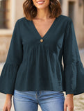 Solid V Neck Ruffle Sleeve Cotton Top