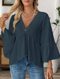 Solid V Neck Ruffle Sleeve Cotton Top