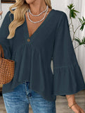 Solid V Neck Ruffle Sleeve Cotton Top