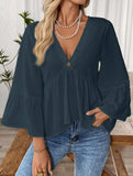 Solid V Neck Ruffle Sleeve Cotton Top