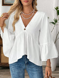 Solid V Neck Ruffle Sleeve Cotton Top