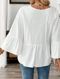 Solid V Neck Ruffle Sleeve Cotton Top