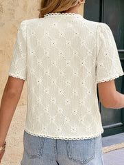 V Neck Lace Trim Jacquard Blouse