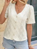 V Neck Lace Trim Jacquard Blouse