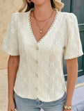 V Neck Lace Trim Jacquard Blouse
