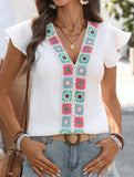 Embroidery V Neck Flutter Sleeve Shirt