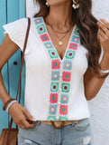 Embroidery V Neck Flutter Sleeve Shirt