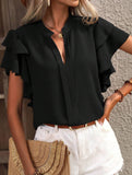 V Neck Double Ruffle Sleeve Blouse