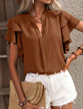 V Neck Double Ruffle Sleeve Blouse