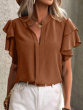 V Neck Double Ruffle Sleeve Blouse