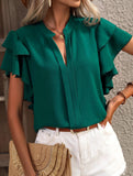 V Neck Double Ruffle Sleeve Blouse