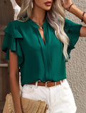 V Neck Double Ruffle Sleeve Blouse