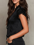 V Neck Lace Patch Short Sleeve Tee_CWTSTS00908