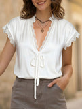 V Neck Lace Patch Short Sleeve Tee_CWTSTS00908