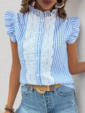 Stripe Lace Ruffle Sleeve Blouse_CWTSTS00910