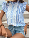 Stripe Lace Ruffle Sleeve Blouse_CWTSTS00910