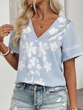 Stripe Floral V Neck Shirt_CWTSTS00911
