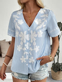 Stripe Floral V Neck Shirt_CWTSTS00911