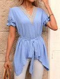 Jacquard V Neck Chiffon Top_CWTSTS00926