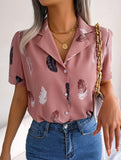 Suit Collar Feather Detail Shirt ??Short Sleeve Loose Fit, S?“XL