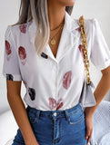 Suit Collar Feather Detail Shirt ??Short Sleeve Loose Fit, S?“XL