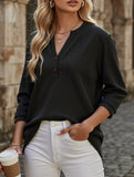 Solid V-Neck Button T-Shirt ??Loose Fit Casual Top