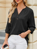 Solid V-Neck Button T-Shirt ??Loose Fit Casual Top