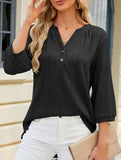 Solid V-Neck Button T-Shirt ??Loose Fit Casual Top
