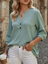 Solid V-Neck Button T-Shirt ??Loose Fit Casual Top