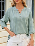 Solid V-Neck Button T-Shirt ??Loose Fit Casual Top