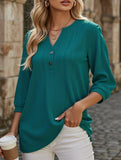 Solid V-Neck Button T-Shirt ??Loose Fit Casual Top