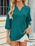 Solid V-Neck Button T-Shirt ??Loose Fit Casual Top