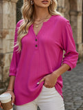 Solid V-Neck Button T-Shirt ??Loose Fit Casual Top